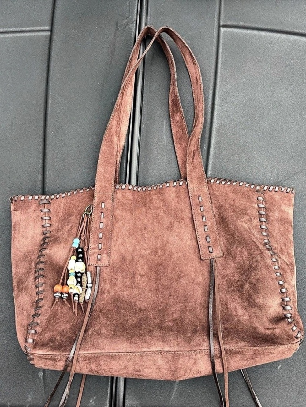Epilogue Suede Beaded Tassel Tote Bag Brown